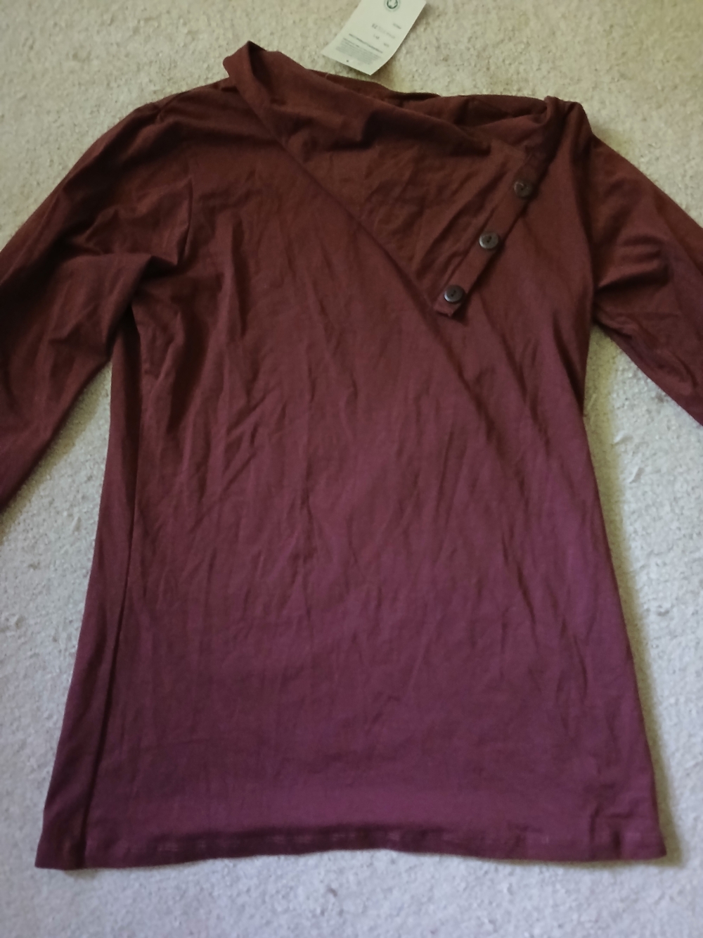 Synergy Organic Clothing Asymmetrical Button Neck Long Sleeve Top - Burgundy